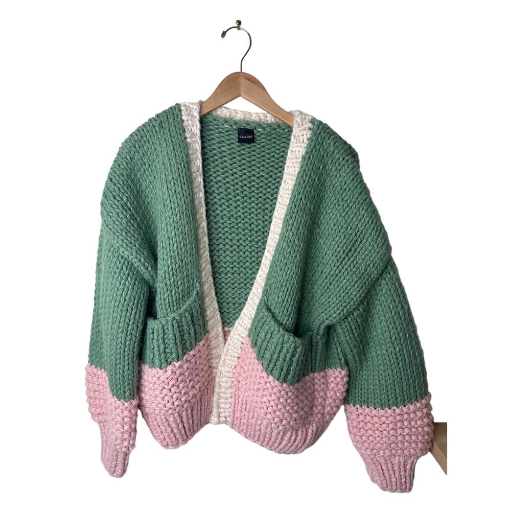 SAACHI Chunky Knit Oversized Two Tone Color Block Open Front Cardigan Sweater OS